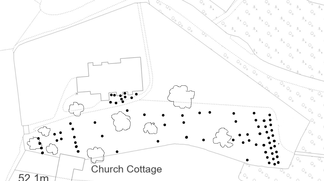 Plan of Hever Church graveyard showing the layout of grave plots. A few plots are marked with clickable links to their grave record.