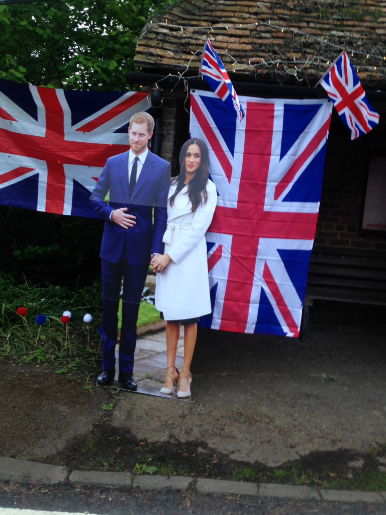 A yarn-bombed bus stop decorated for Prince Harry and Meghan's wedding