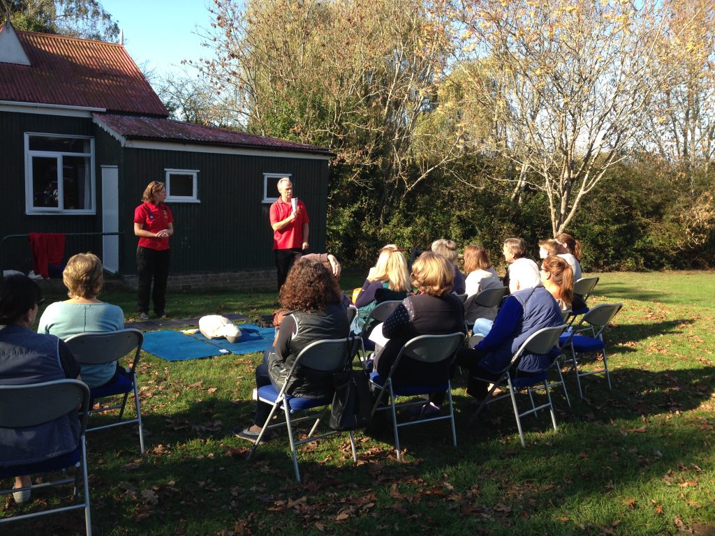 A first aid demonstration with a defibrillator