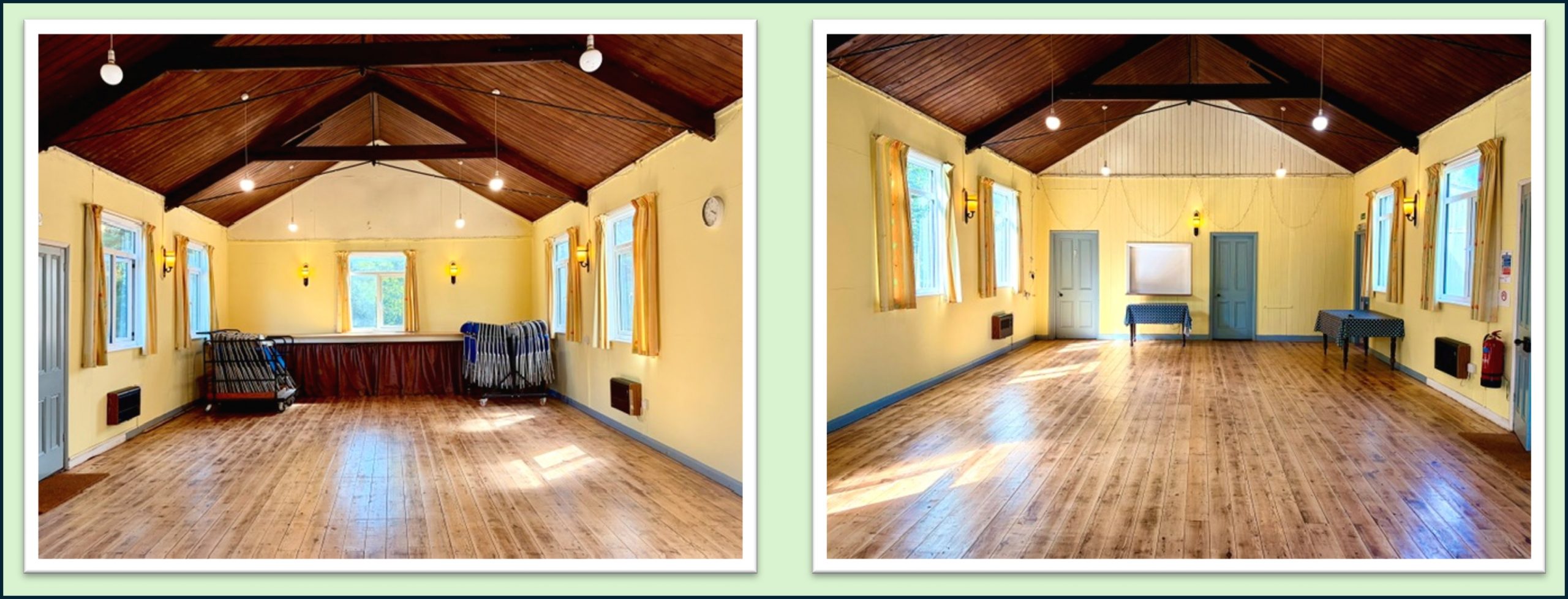 Two views of the wood-floored main hall inside Hever Village Hall, set up for an event